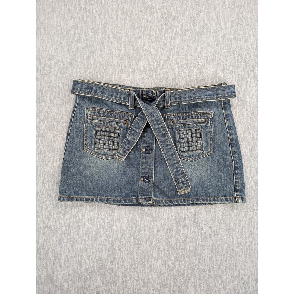Vintage American Eagle Denim Skirt Womens 8 Blue Mini Belted Pockets Y2K Retro